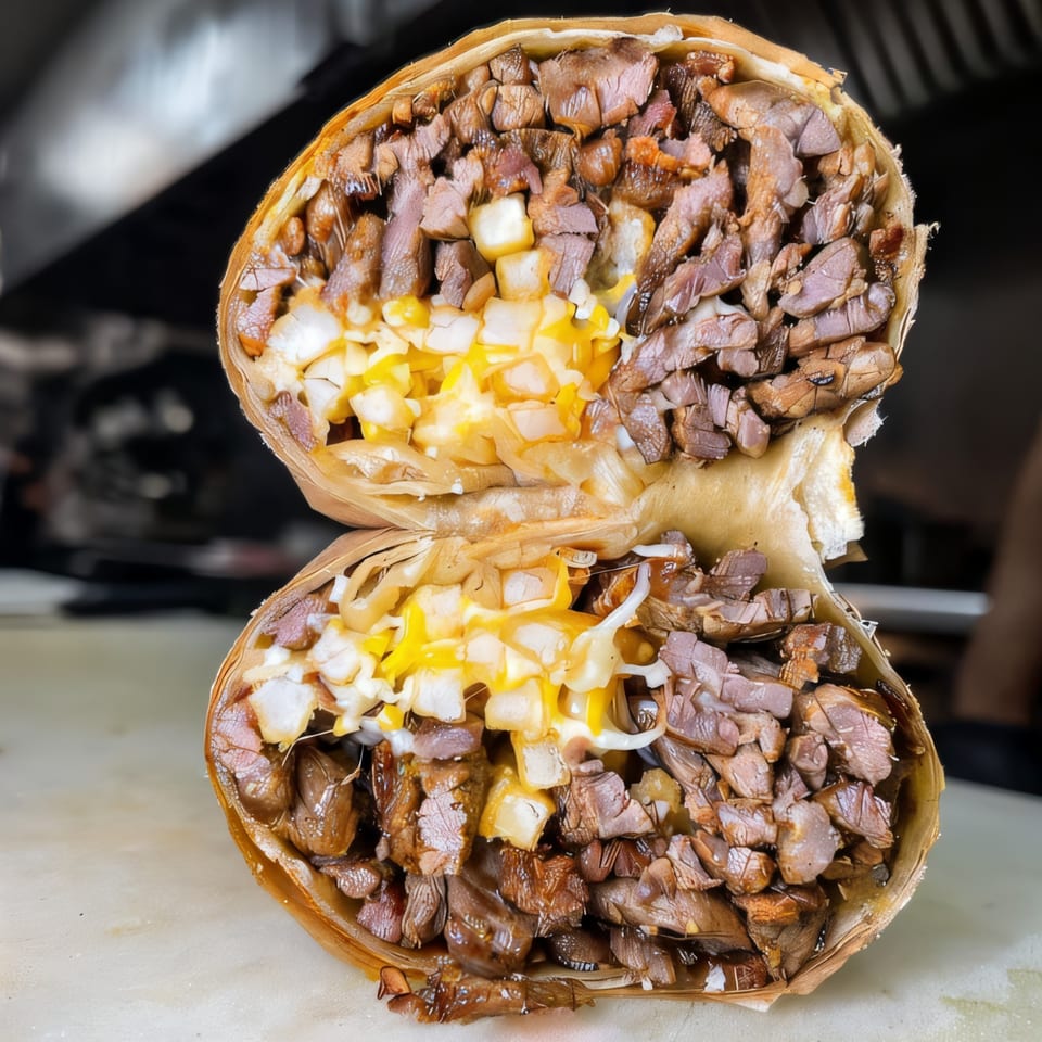 Acapela Modern Mex burrito, cut in half, revealing steak, cheese, and potatoes inside.