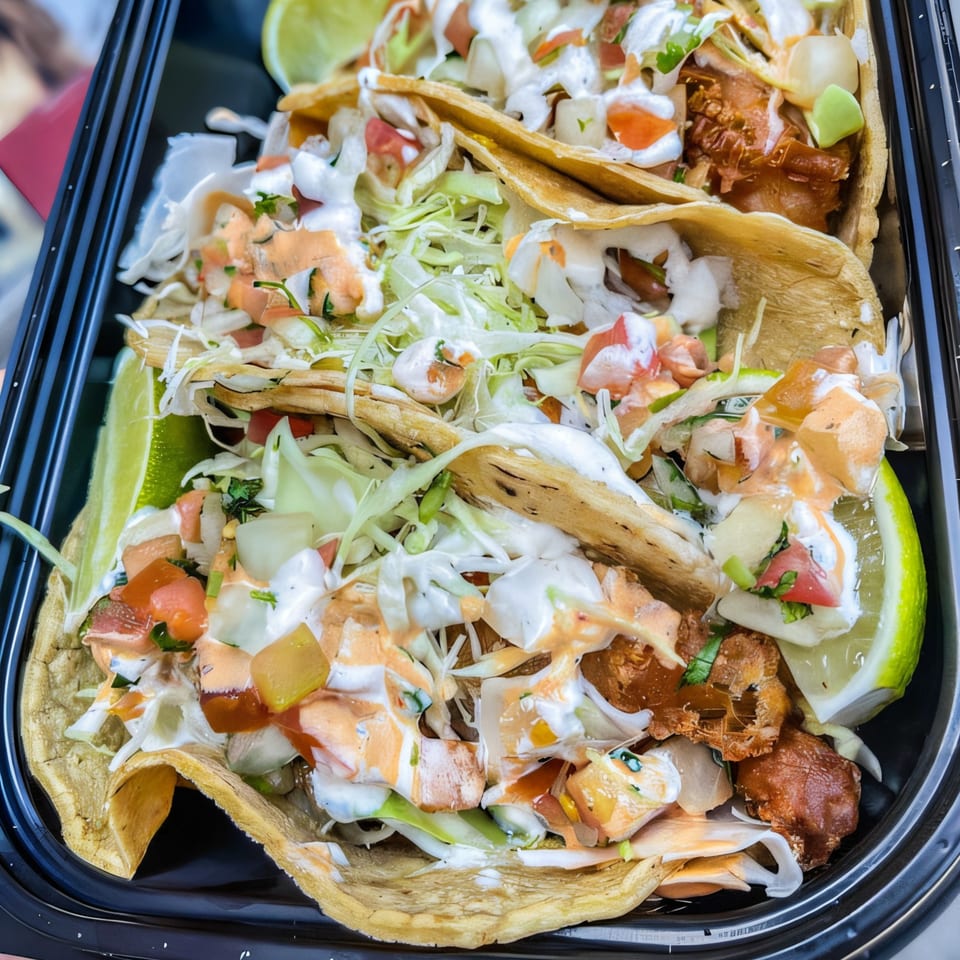 Close-up of three Acapela Modern Mex tacos with meat, shredded lettuce, pico de gallo, and sauces.