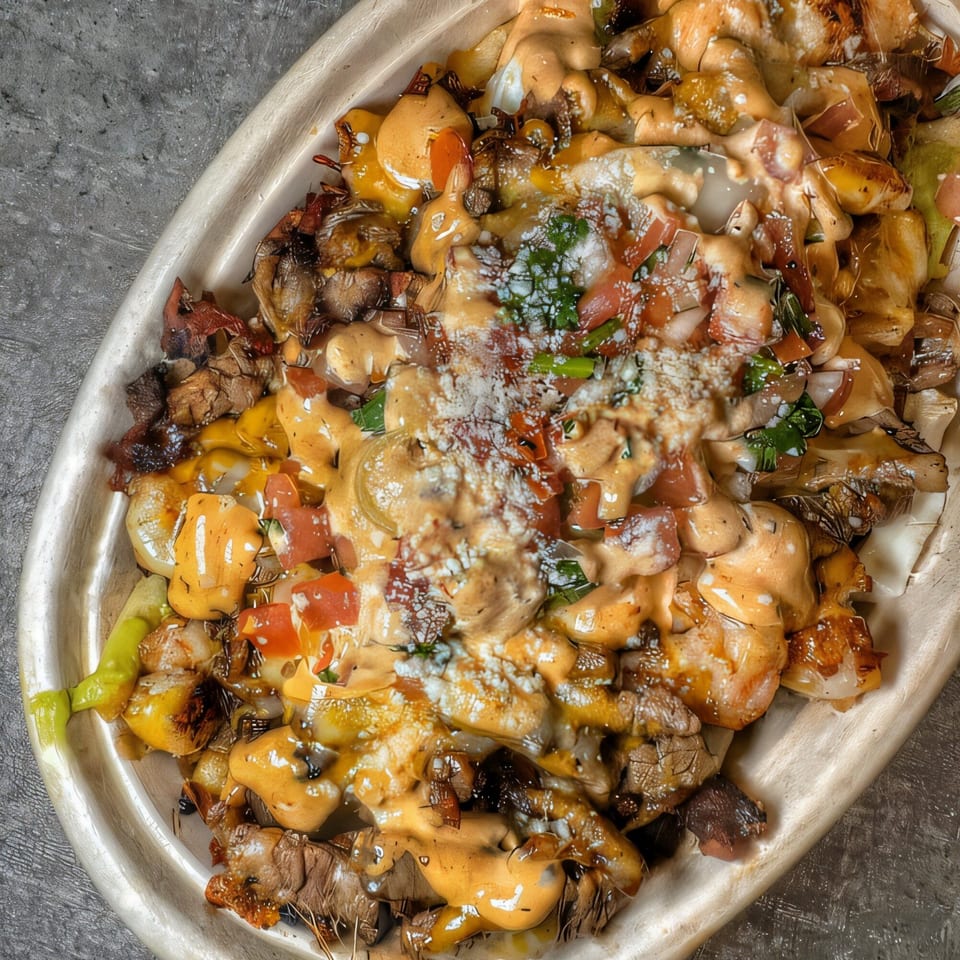 Acapela Modern Mex nachos with melted cheese, diced tomatoes, and green onions on a gray surface.
