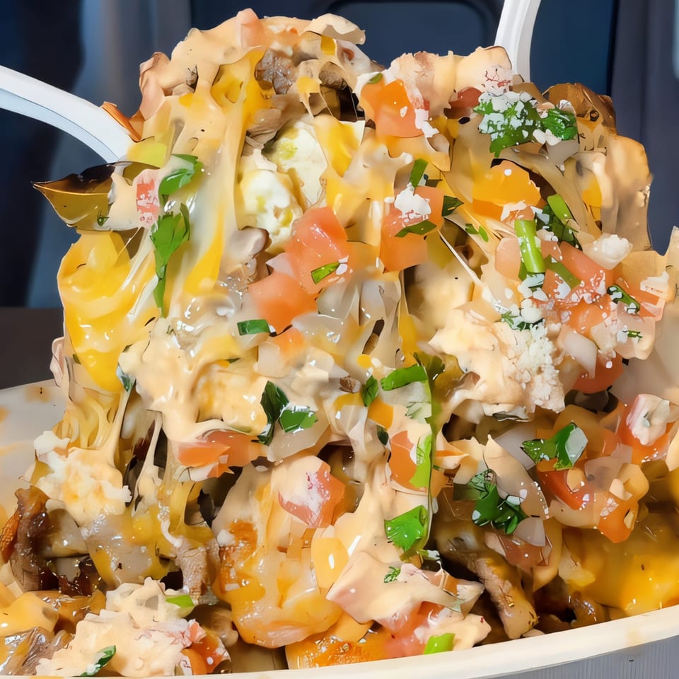 Close-up of Acapela Modern Mex nachos with melted cheese, diced tomatoes, and green herbs.